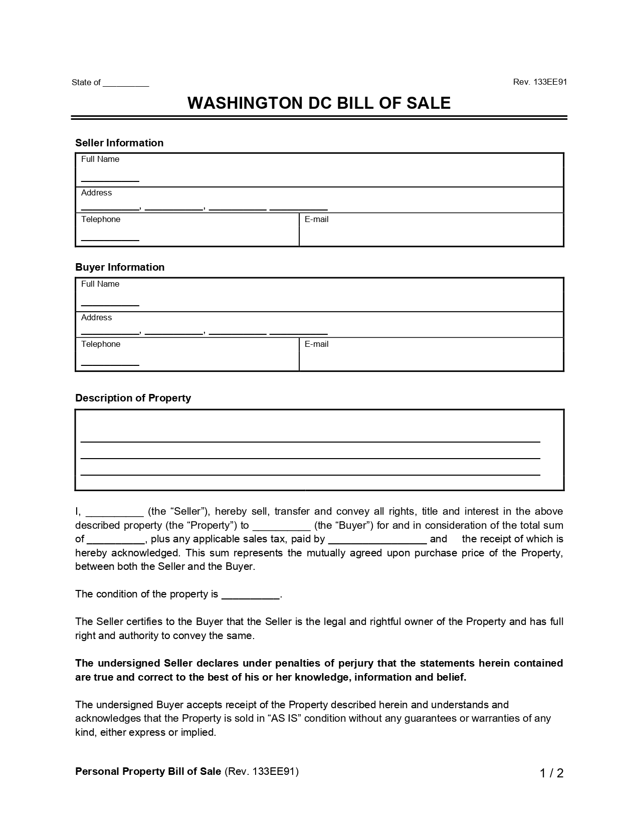 Washington DC Bill of Sale