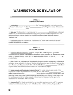 Washington DC Corporate Bylaws Template