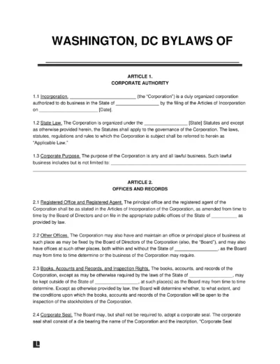 Washington DC Corporate Bylaws Template