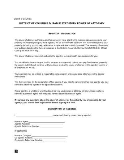 Washington DC Durable Statutory Power of Attorney Form