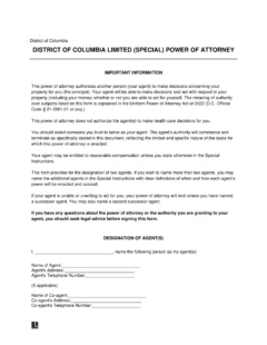Washington DC Limited Power of Attorney Form