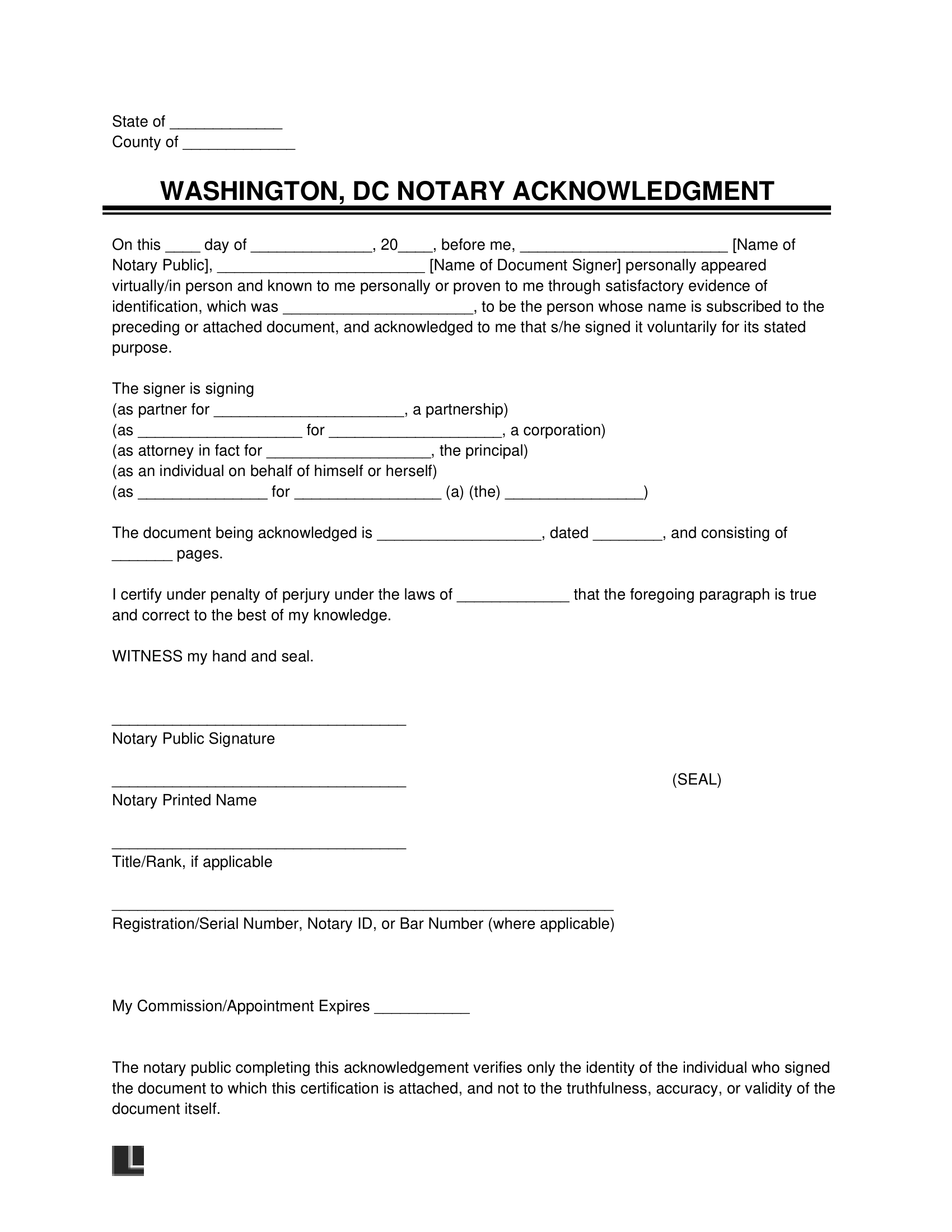 Washington, DC Notary Acknowledgment Form