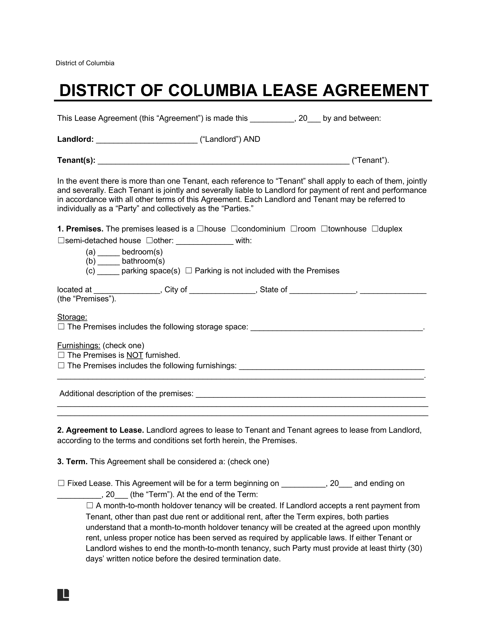 Washington DC Residential Lease Agreement