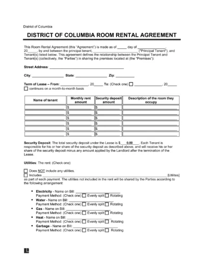 Washington DC Room Rental Agreement