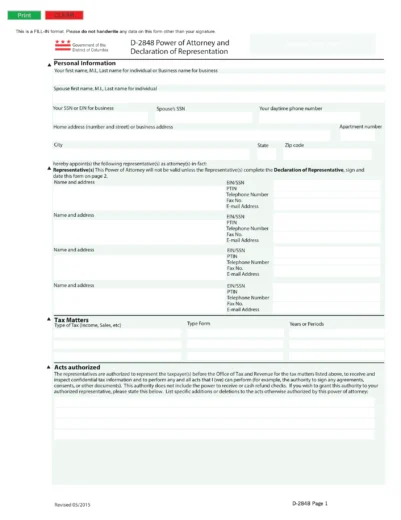 Washington DC Tax Power of Attorney Form D-2848