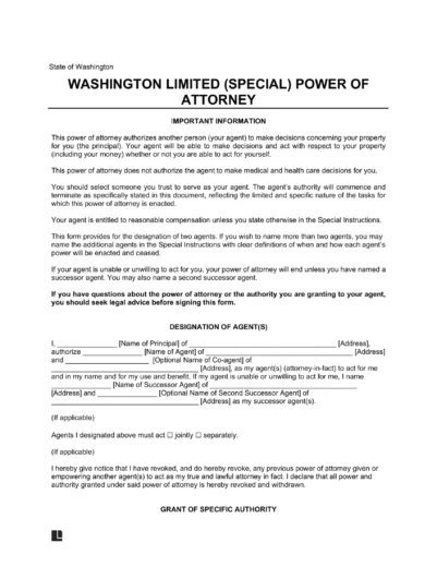 Washington Limited Power of Attorney Form