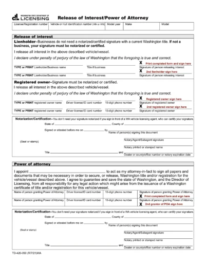 Washington Motor Vehicle Power of Attorney Form TD-420-050