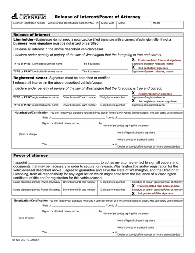Washington Motor Vehicle Power of Attorney Form TD-420-050