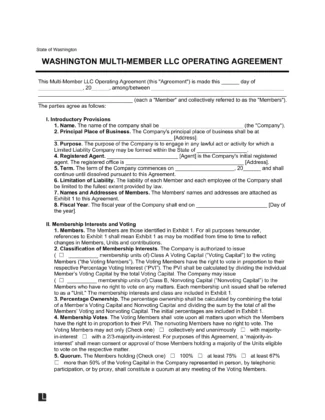 Washington Multi Member LLC Operating Agreement Form