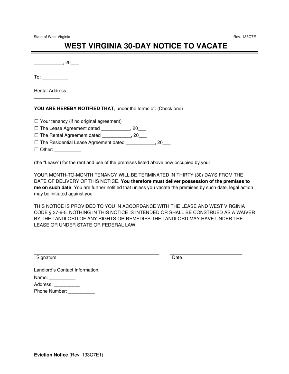 Free West Virginia 30-Day Notice to Vacate | Lease Termination Letter ...