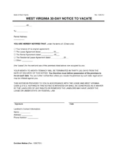 West Virginia 30-Day Notice to Vacate (Month to Month)