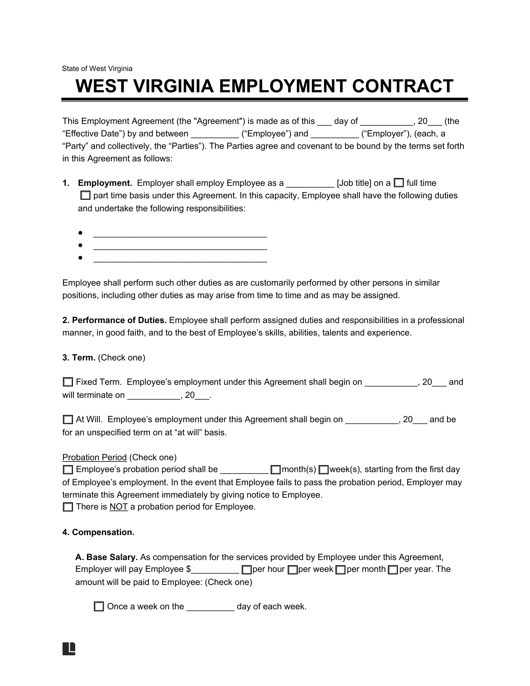 West Virginia Employment Contract Template