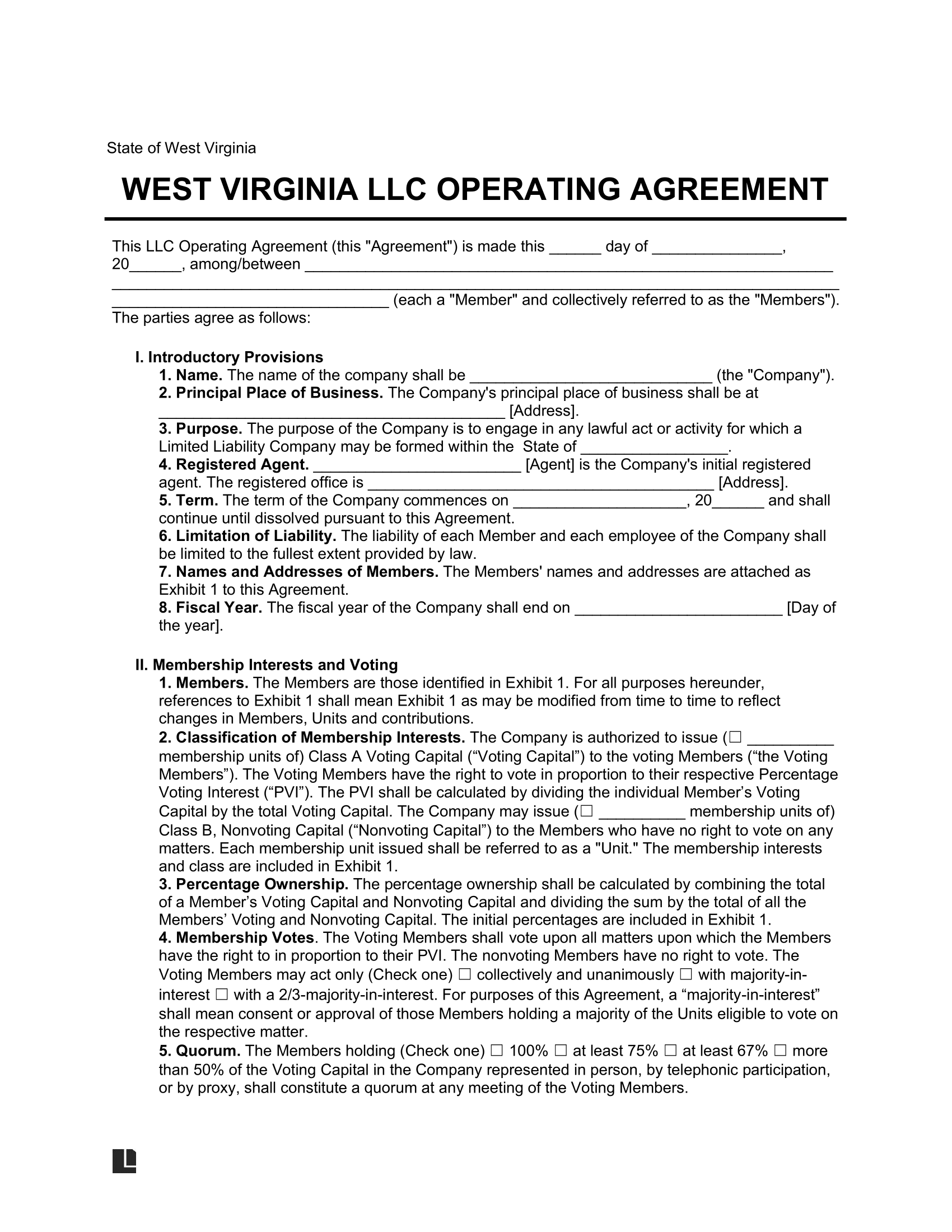 West Virginia LLC Operating Agreement Template