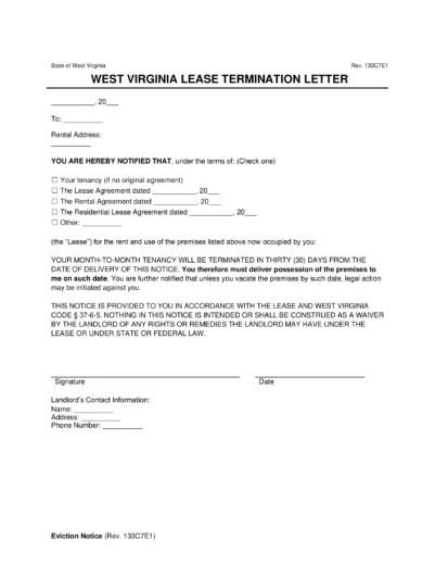 West Virginia Lease Termination Letter Template