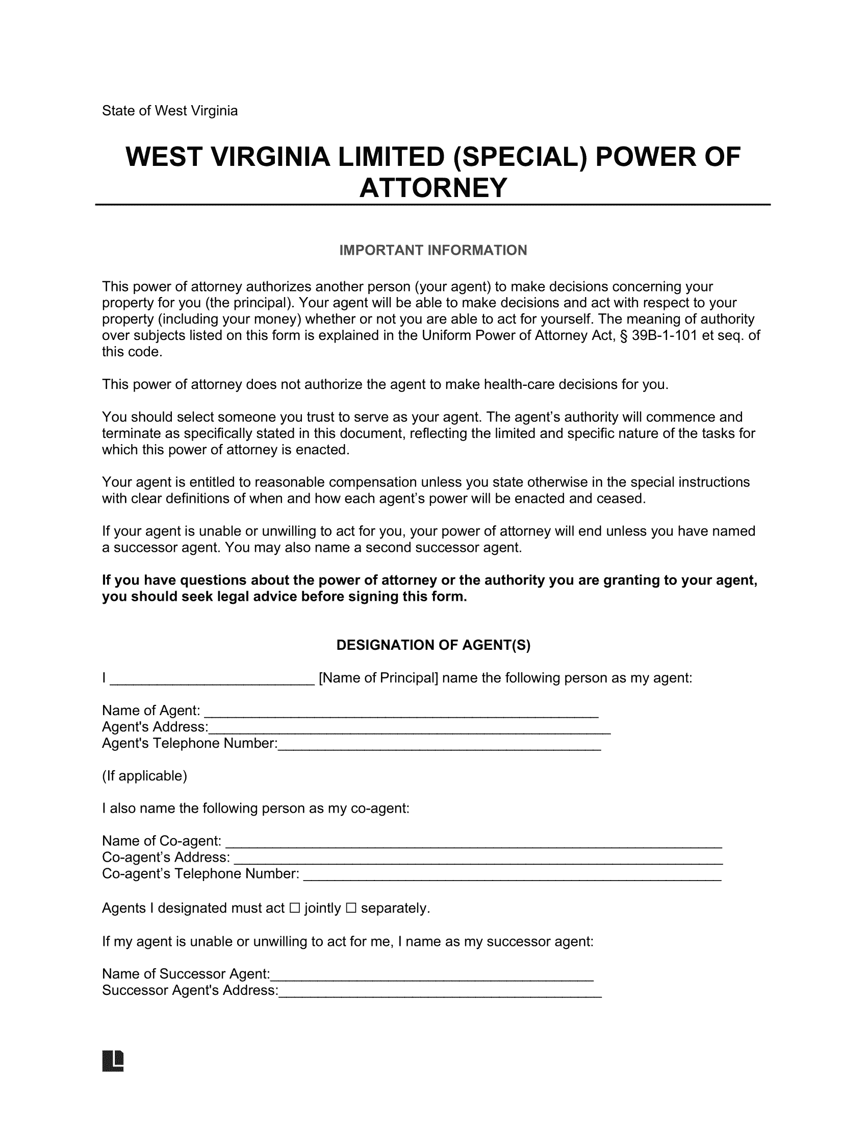 West Virginia Limited Power of Attorney Form