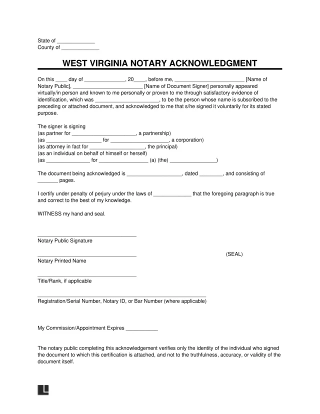West Virginia Notary Acknowledgment Form