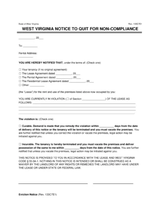 West Virginia Notice to Quit for Non-Compliance