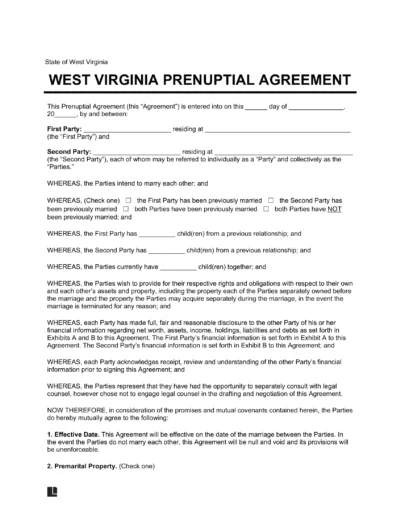 West Virginia Prenuptial Agreement Template