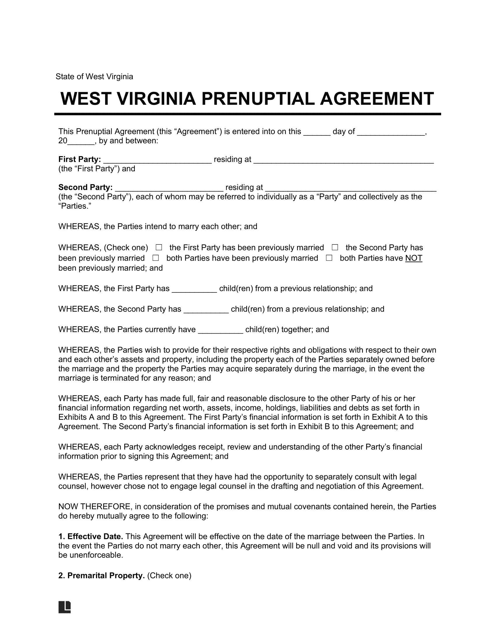 West Virginia Prenuptial Agreement Template