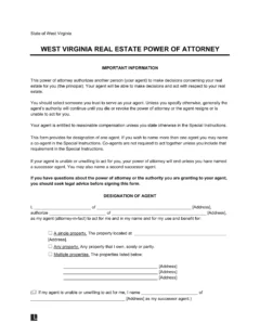 West Virginia Real Estate Power of Attorney Form