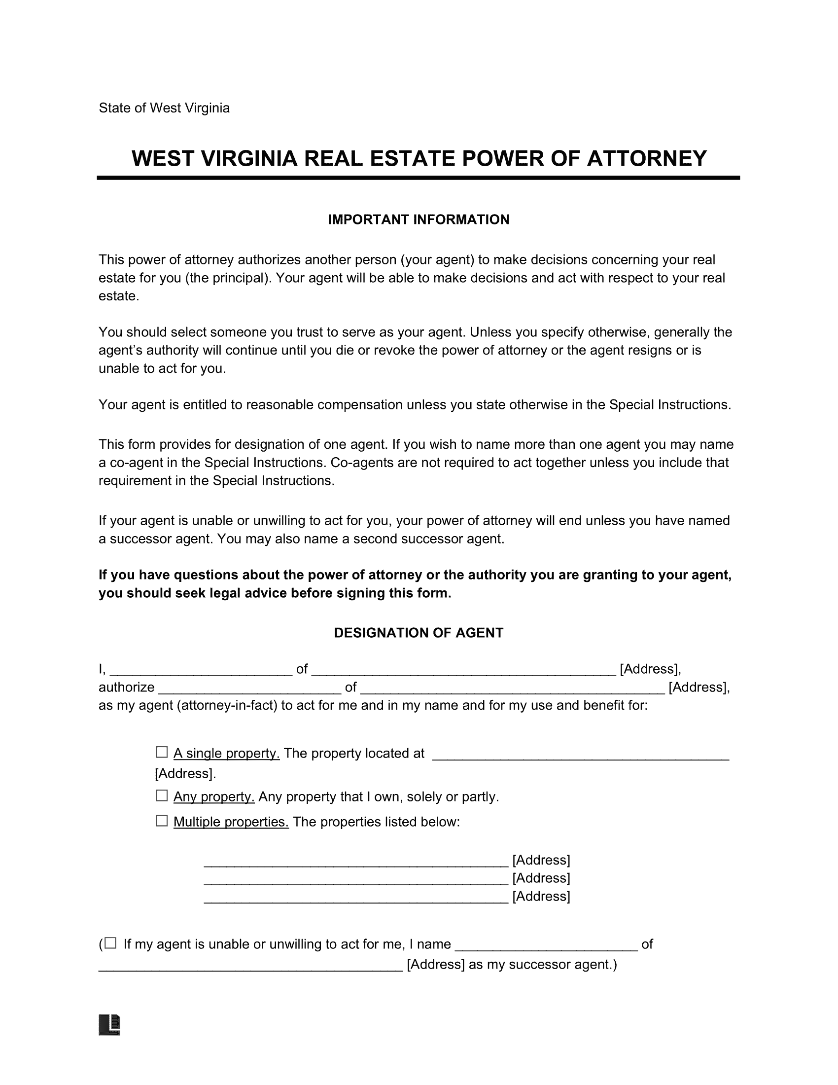 West Virginia Real Estate Power of Attorney Form