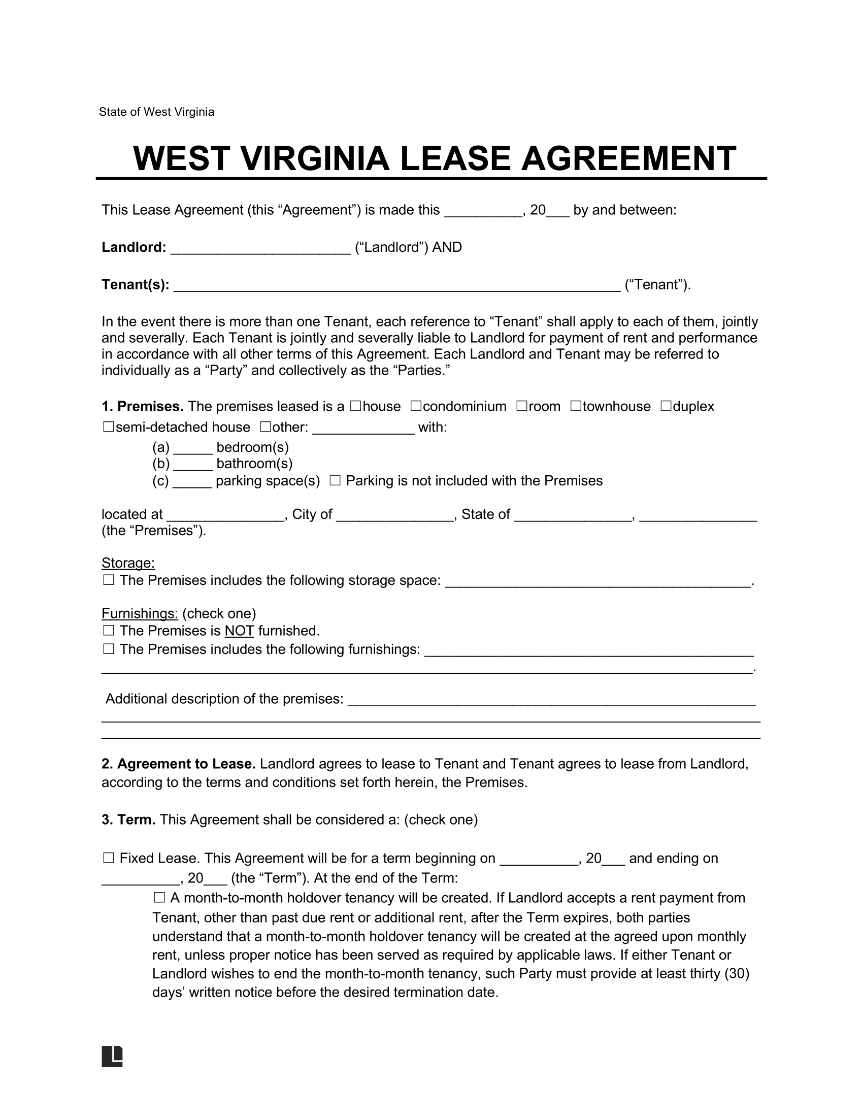 West Virginia Residential Lease Agreement Template