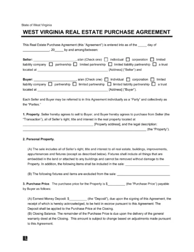 West Virginia Residential Purchase Agreement Template