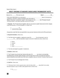 West Virginia Standard Unsecured Promissory Note Template