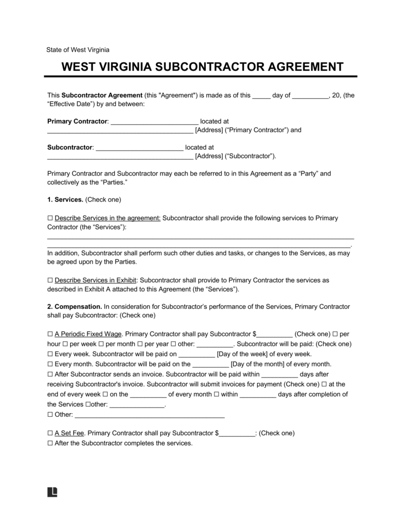 West Virginia Subcontractor Agreement Template