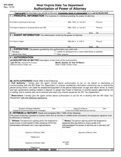 West Virginia Tax Power of Attorney Form WV-2848