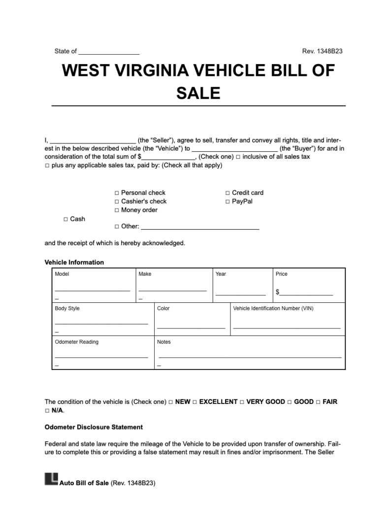 West Virginia Bill of Sale Form - PDF & Word | LegalTemplates