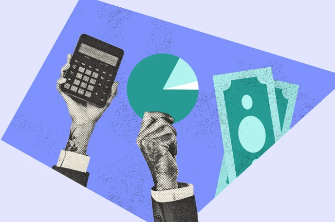 People holding a calculator and a pie chart model to represent personal assets and managing their wealth