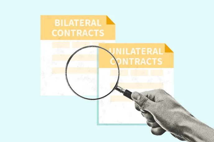 Person holding a magnifying glass to a bilateral and unilateral contract to compare their differences