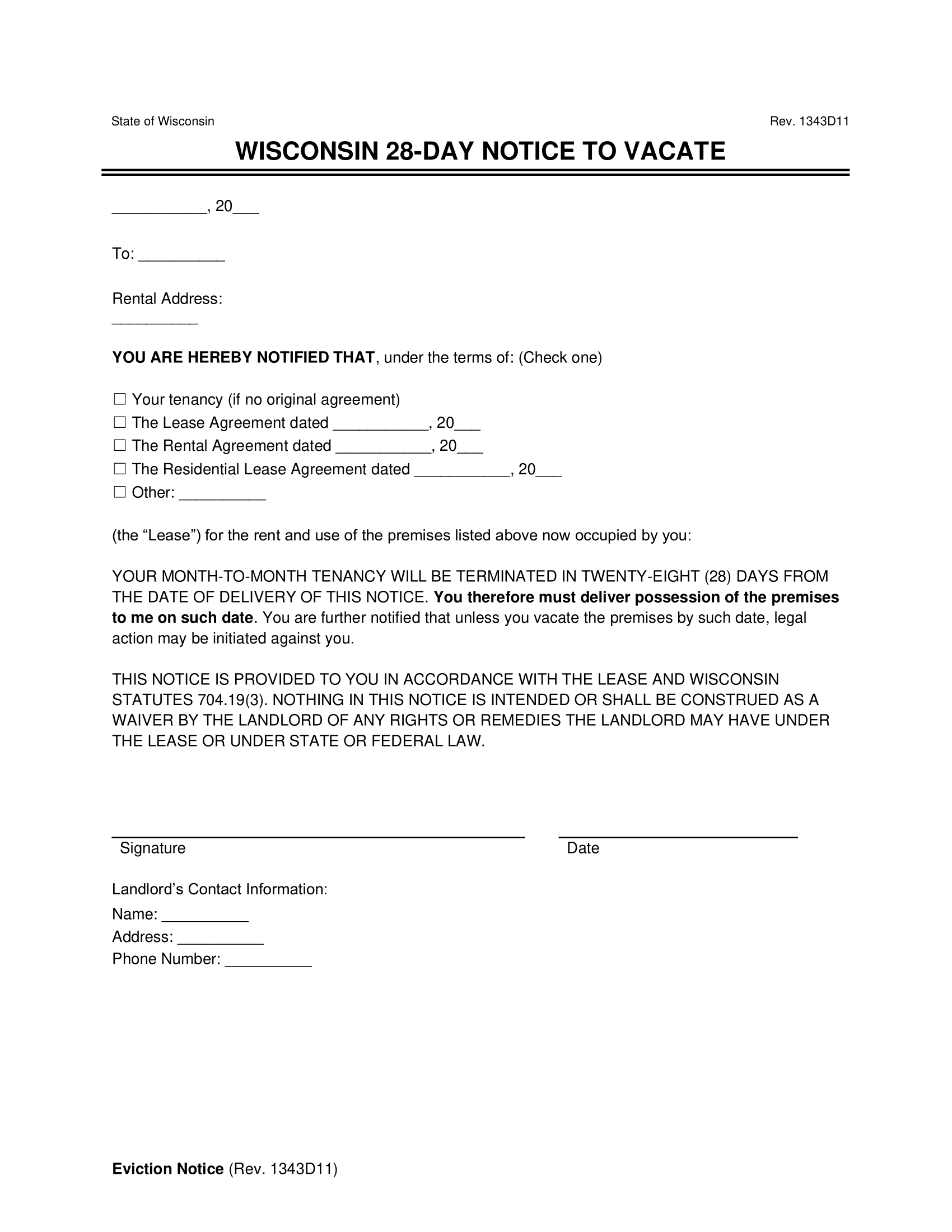 Wisconsin 28-Day Notice to Vacate (Month to Month)