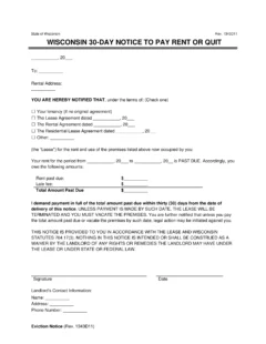 Wisconsin 30-Day Eviction Notice to Quit (Non-Payment of Rent)