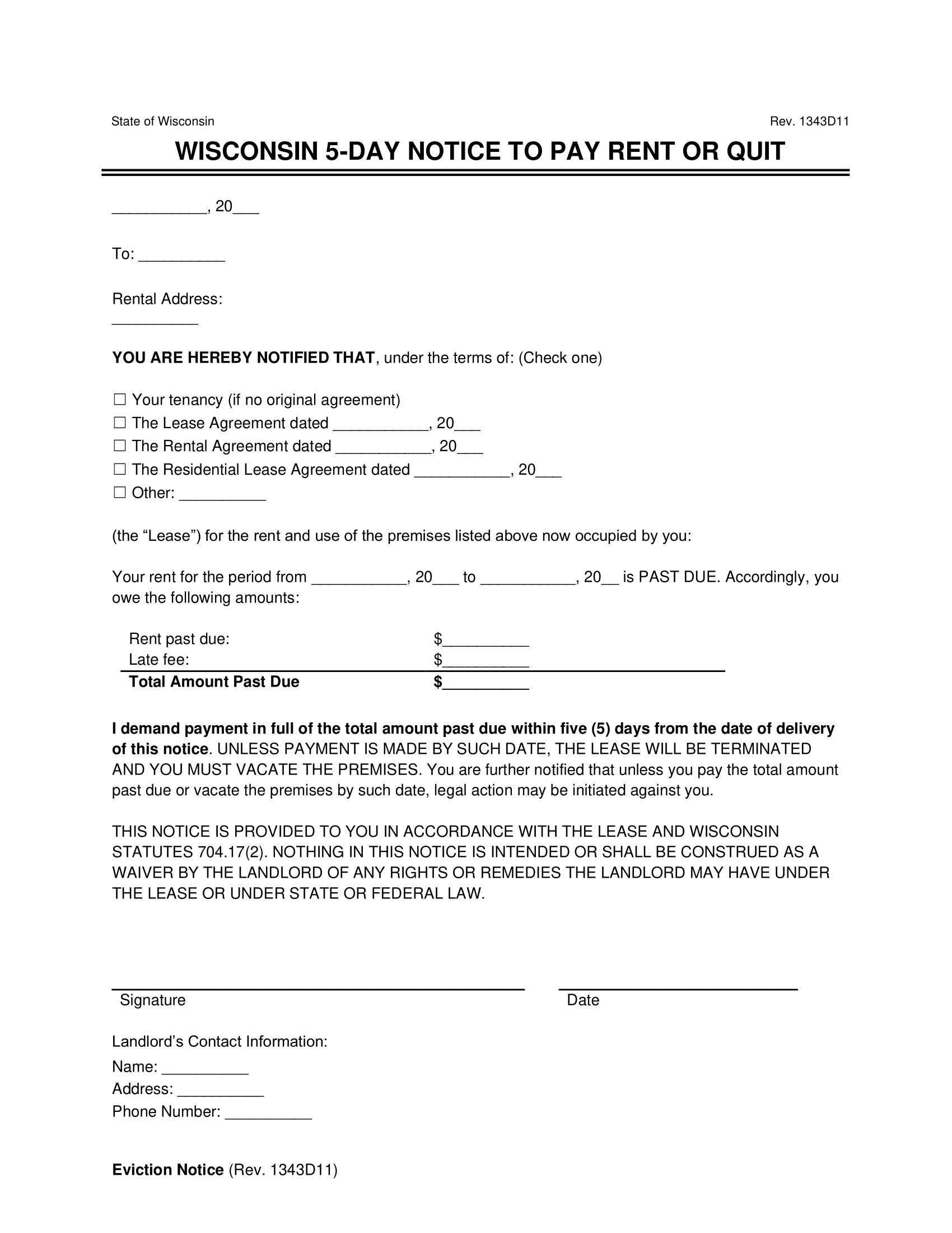 Wisconsin 5-Day Eviction Notice to Quit (Non-Payment of Rent)
