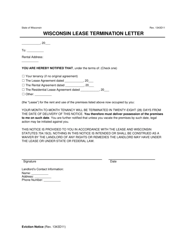 Wisconsin Lease Termination Letter Template
