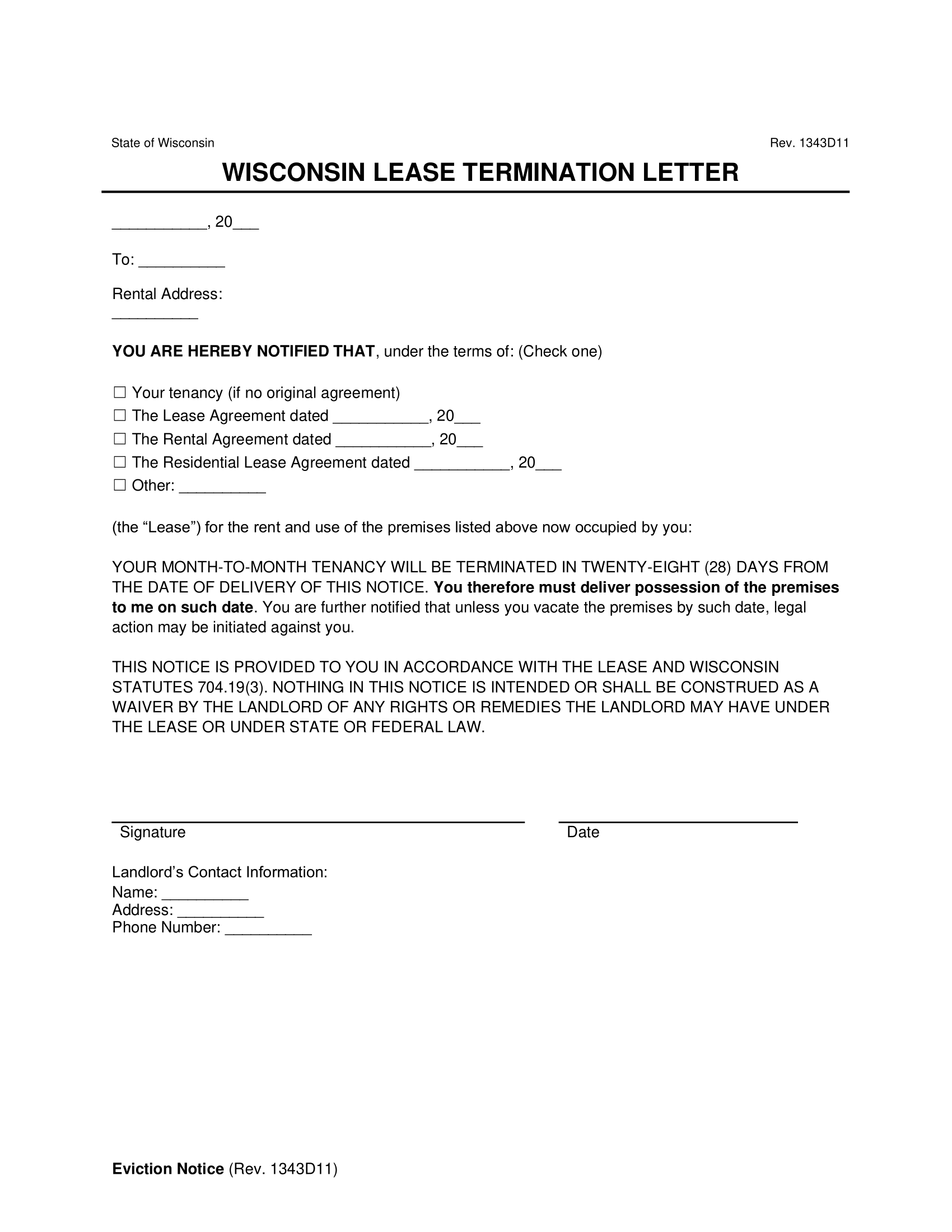Wisconsin Lease Termination Letter Template