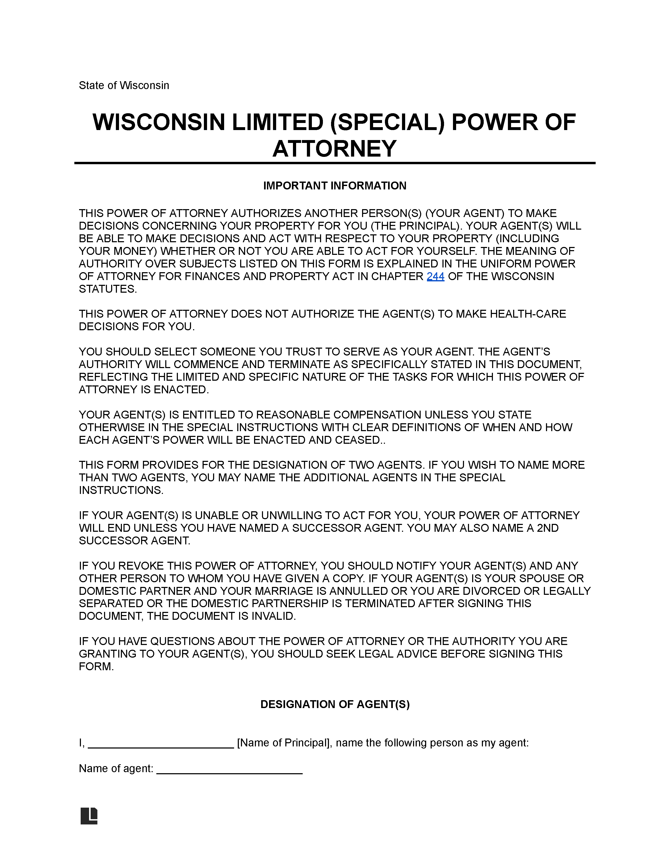 Wisconsin Limited Power of Attorney Form