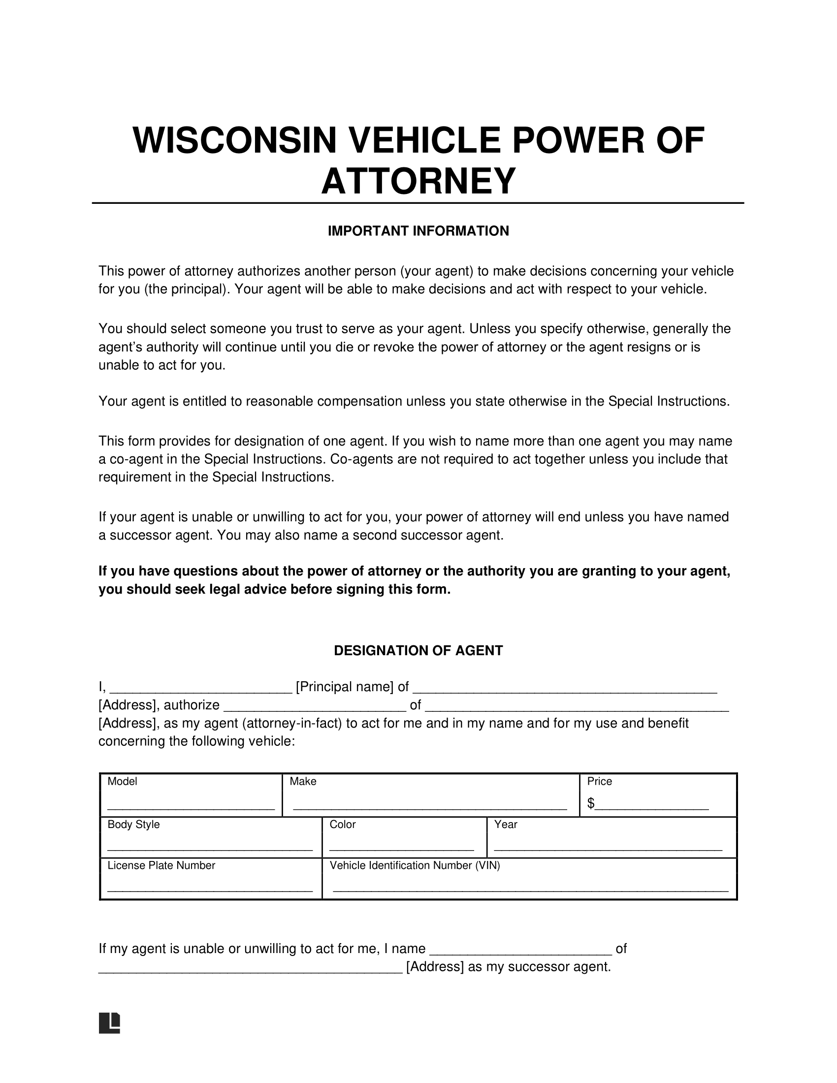 Wisconsin Motor Vehicle Power of Attorney Form