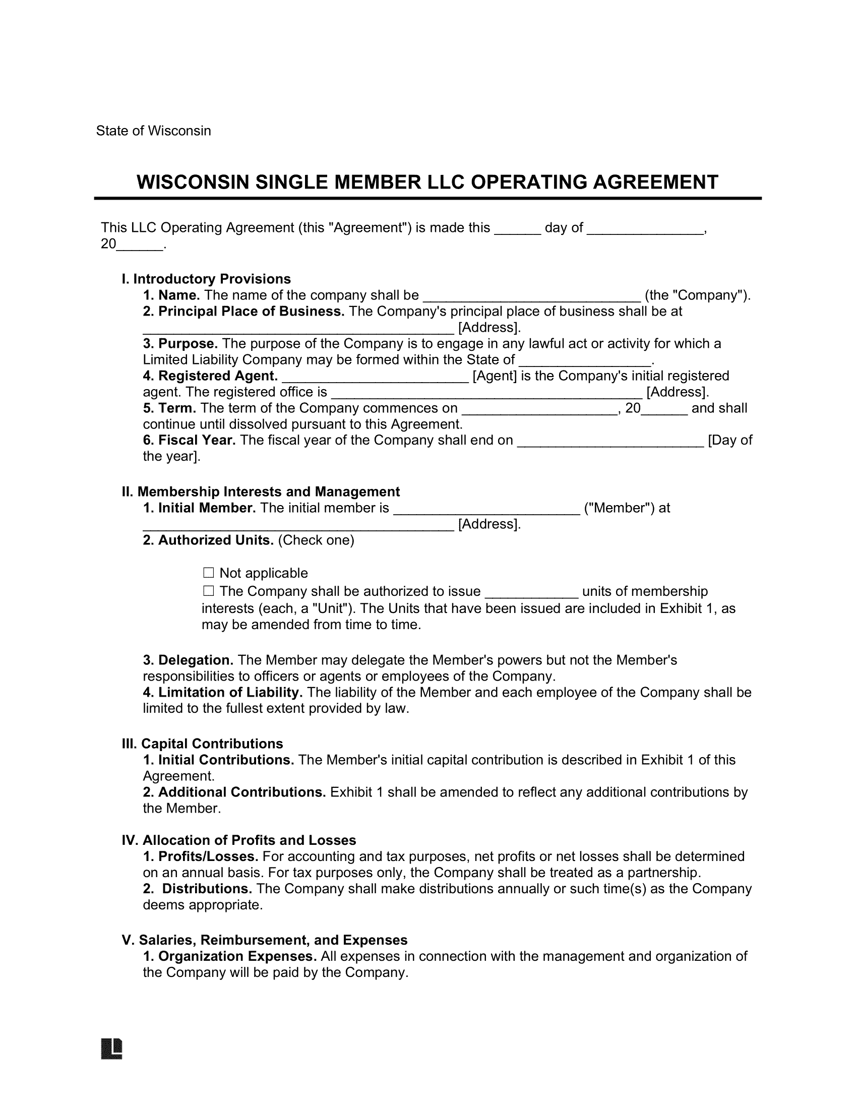 Wisconsin Single Member LLC Operating Agreement Form