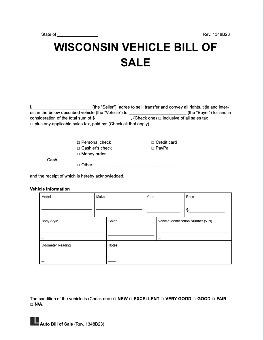 Wisconsin vehicle bill of sale