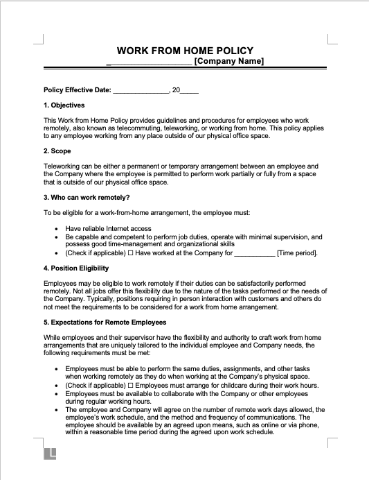 Working From Home Policy Template