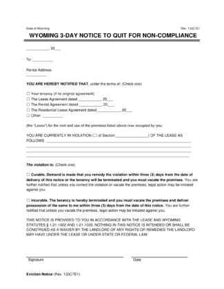 Wyoming 3-Day Notice to Quit for Non-Compliance