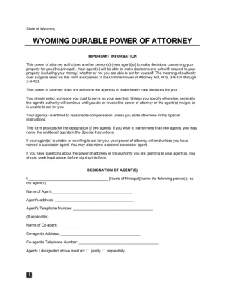 Wyoming Durable Statutory Power of Attorney Form