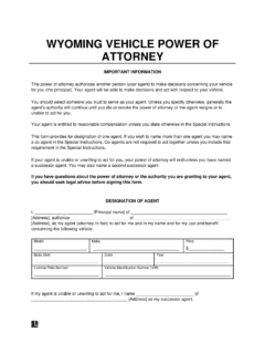 Wyoming Motor Vehicle Power of Attorney Form