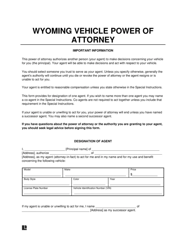 Wyoming Motor Vehicle Power of Attorney Form