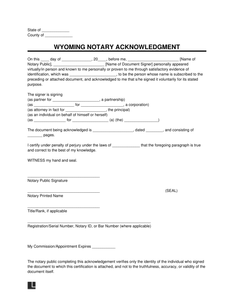 Free Wyoming Notary Acknowledgment Form PDF & Word