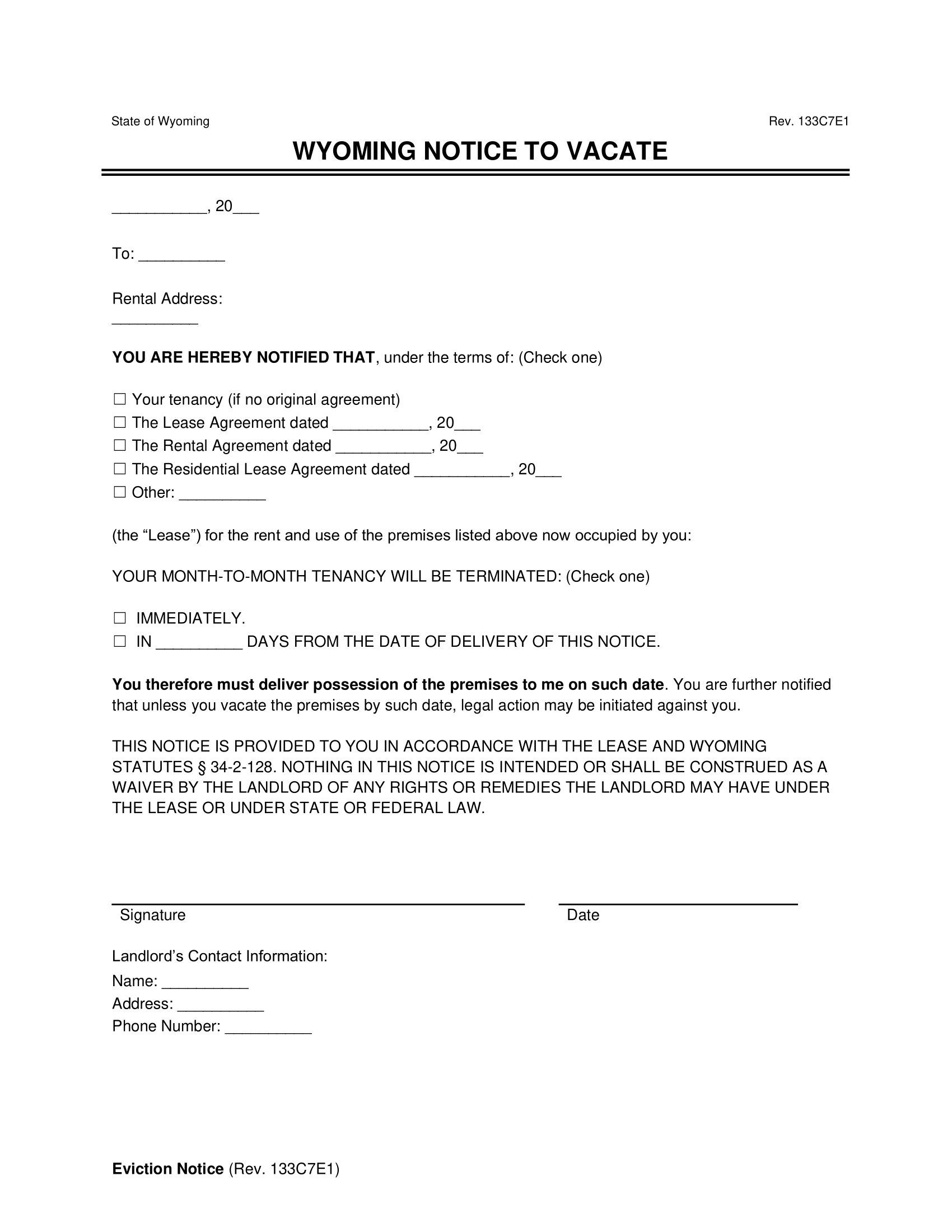 Wyoming Notice to Vacate (Month to Month)