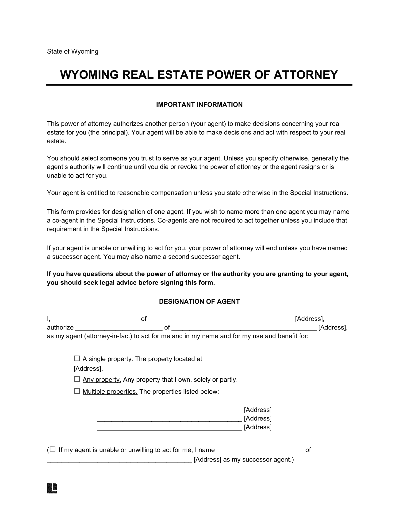 Wyoming Real Estate Power of Attorney Form